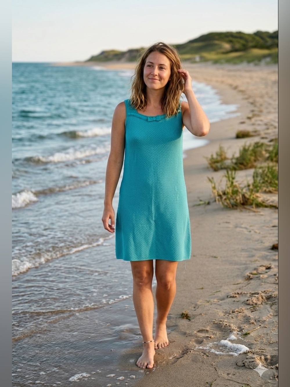 Vintage LUISA SPAGNOLI Open Knit Shift Dress Sz M Blue Turquoise Teal Sleeveless